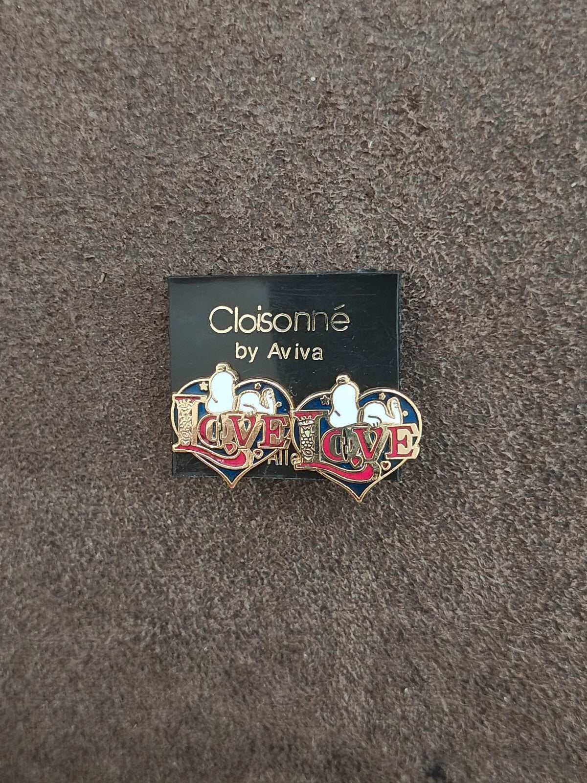 1970s Peanuts Snoopy "LOVE" Gold Tone Cloisonné Enamel Stud Earrings New