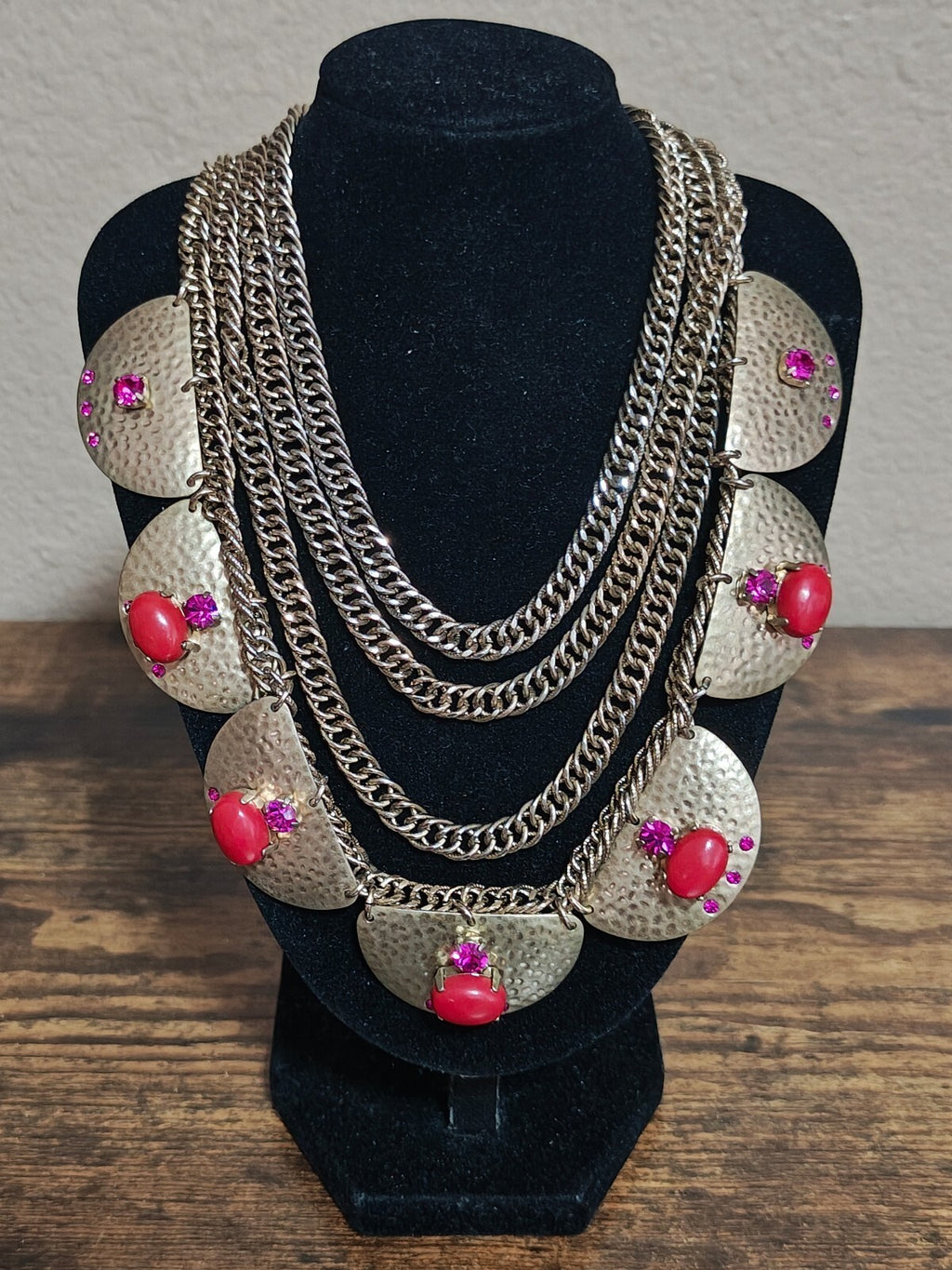 2000s Sequin Gold Tone Rhinestones & Red Stones Statement Necklace
