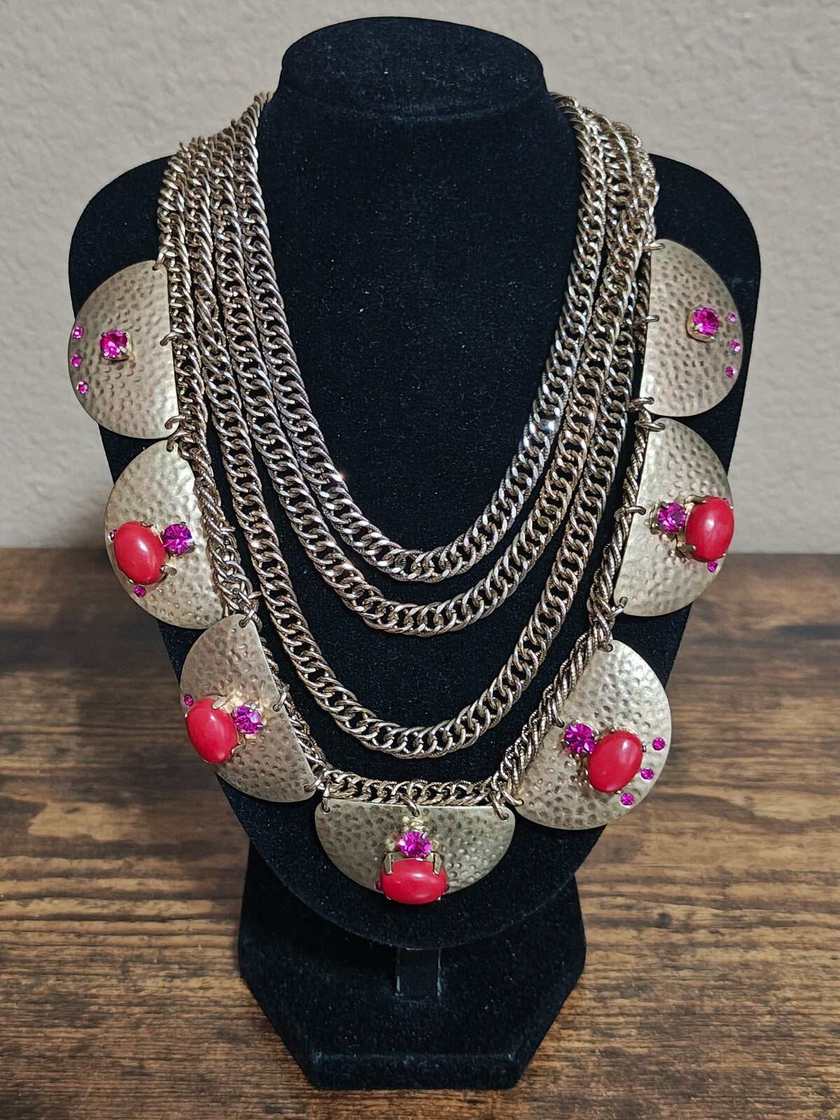 2000s Sequin Gold Tone Rhinestones & Red Stones Statement Necklace