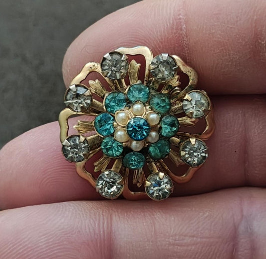 1950s/60s Gold Tone Floral Sunburst With Colorful Rhinestones & Faux Pearls  Pin