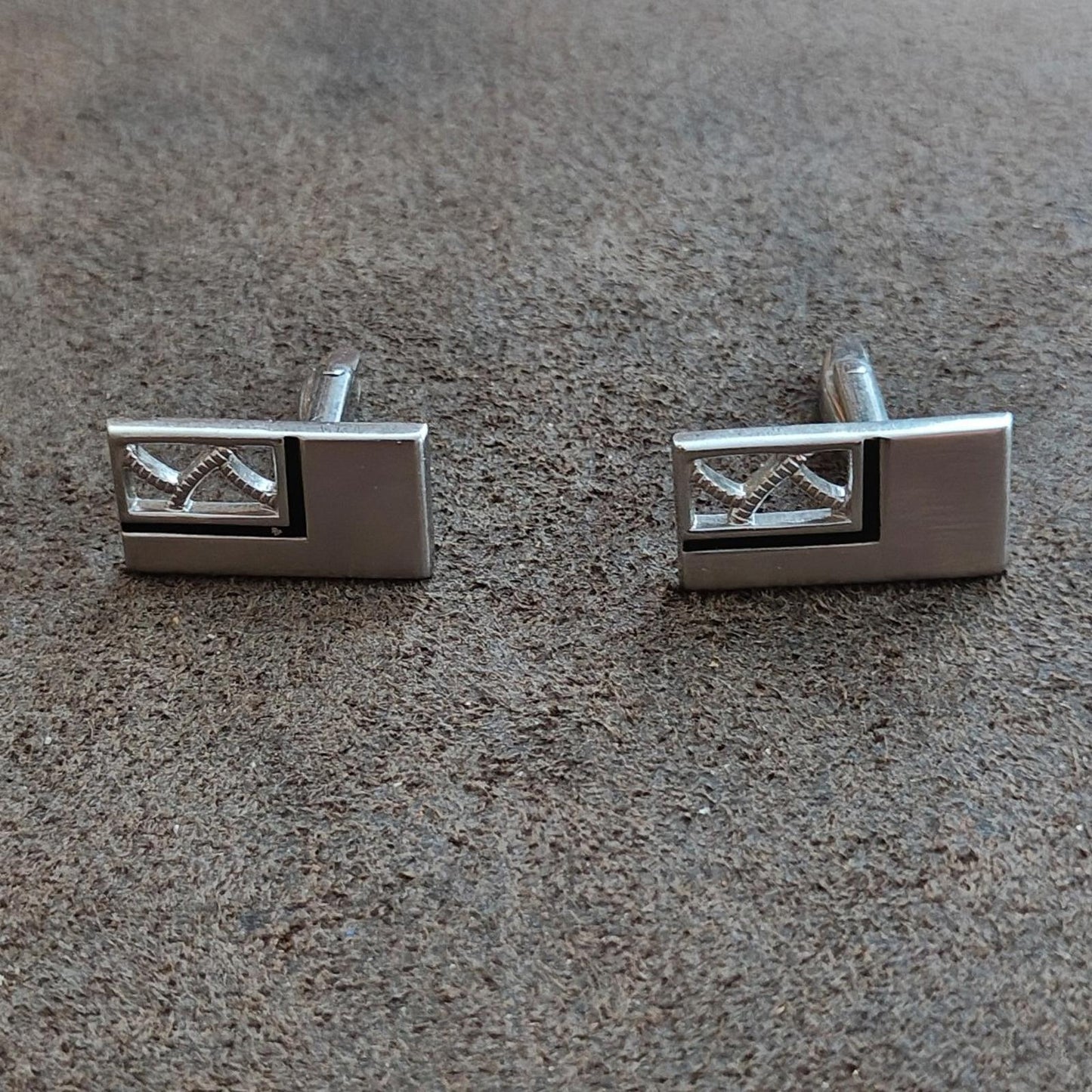 1950's/60's Marked Foster Silver Tone Black Enamel Cufflinks