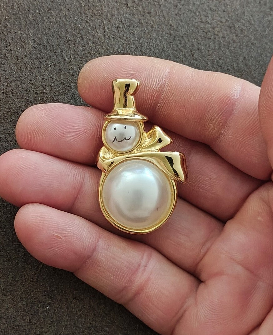 1980s Gold Tone Faux Pearl Snowman Brooch