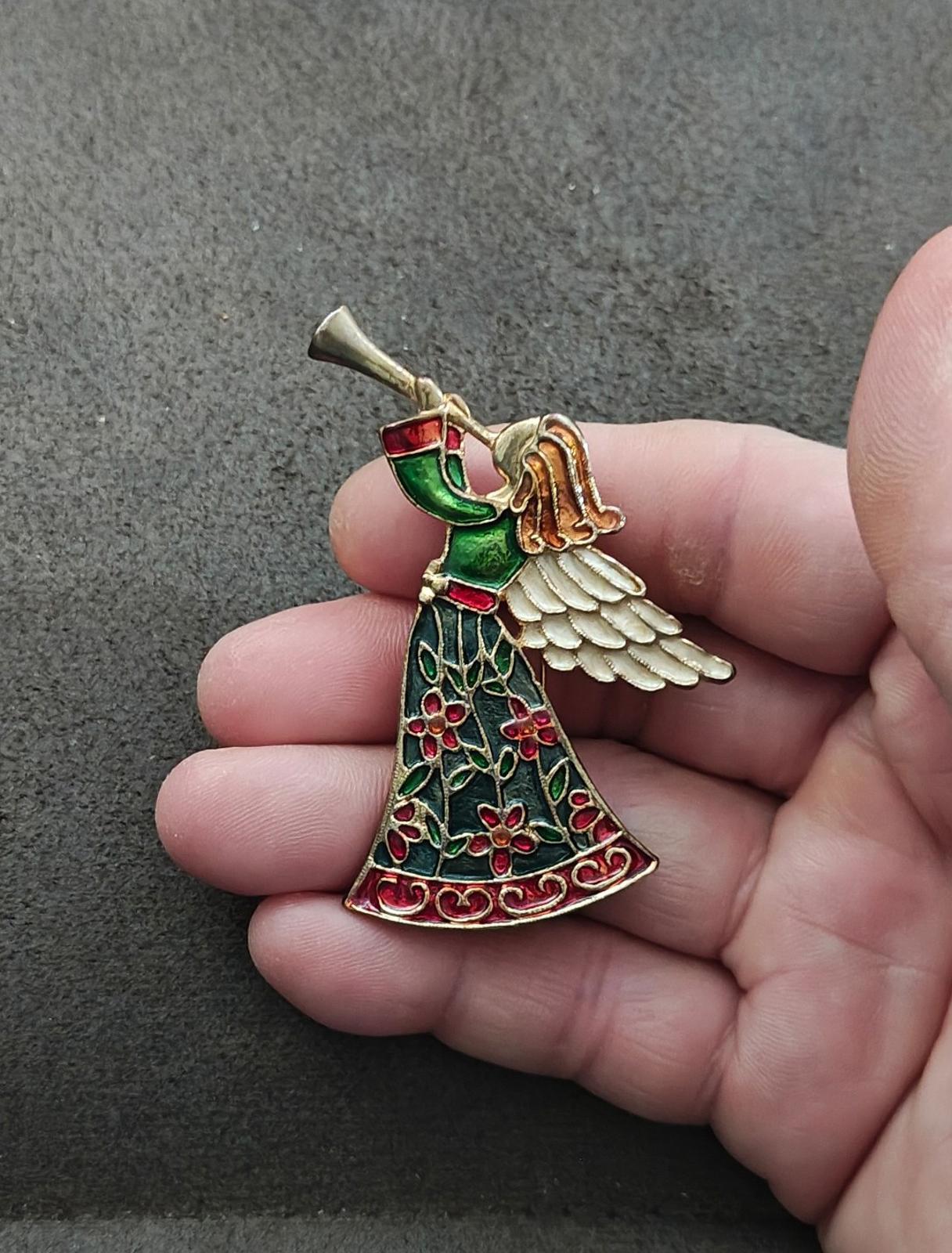 1980s Tanya's Creations Angel Blowing a Horn Gold Tone Enamel Brooch Pin