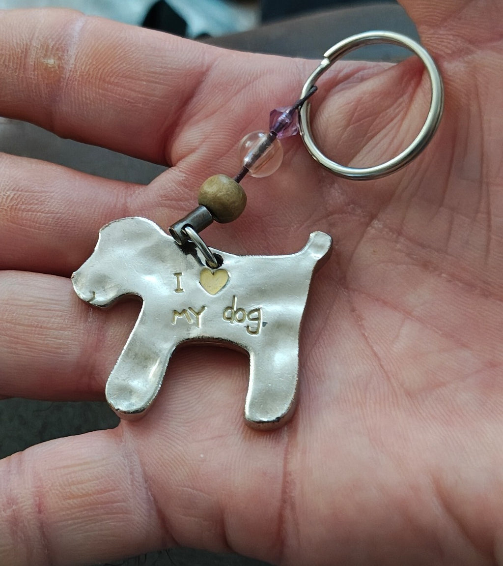 Silver Tone Handmade "I Love My Dog"  Dog Keychain With Bead Accents