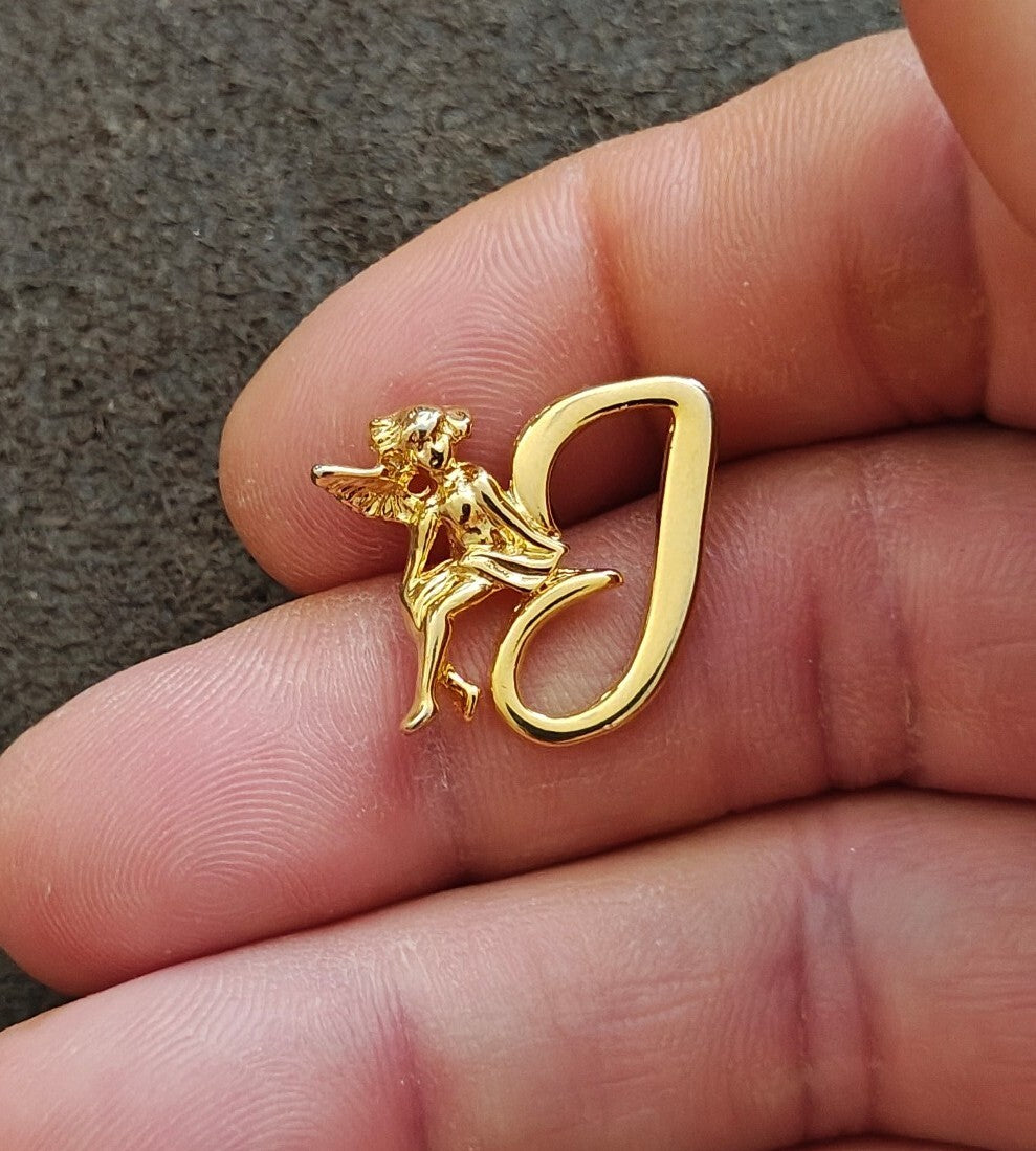 1980s Gold Tone Monogram Initial J & Guardian Angel Brooch Pin - photo 3