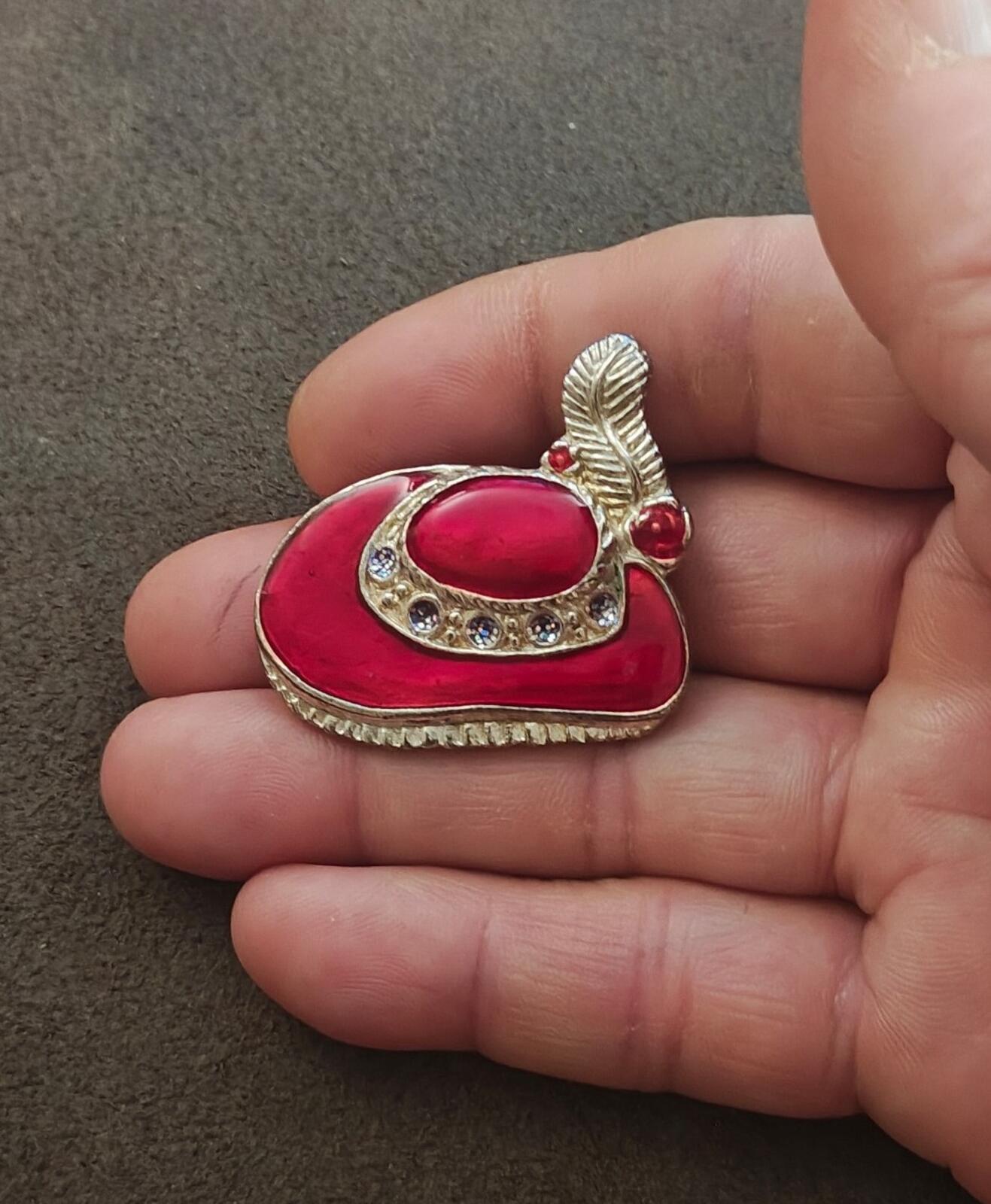 1990s Red Hat Society Silver Tone With Red Enamel & Glitter Accents Brooch