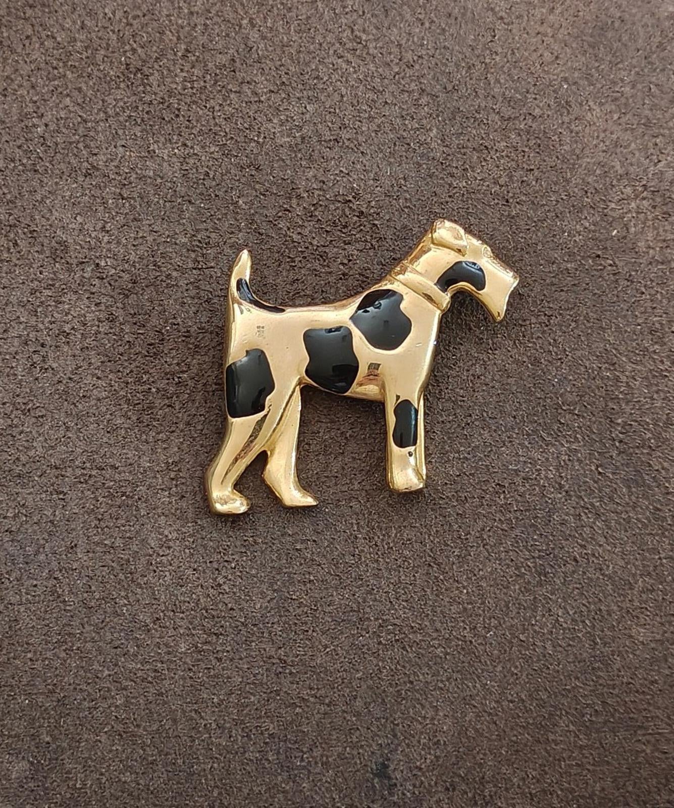 1970s Vintage Airedale Terrier Gold Tone Black Enamel With Rhinestone Eye Brooch