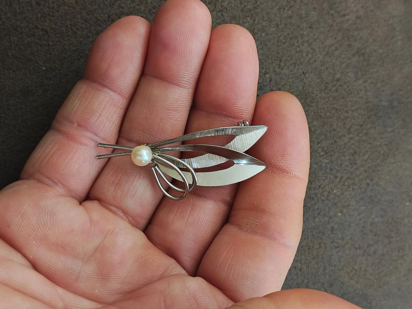 1950s/60s Sterling Silver Modernist With Cultured Pearl Brooch