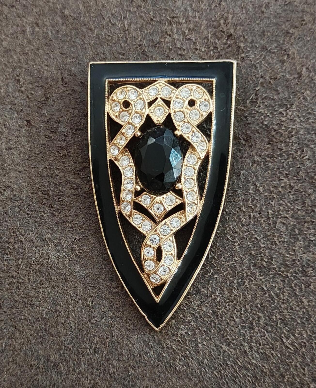 80s Gold Tone Art Deco Enamel Rhinestones & Black Stone 1928 Jewerly Co. Brooch