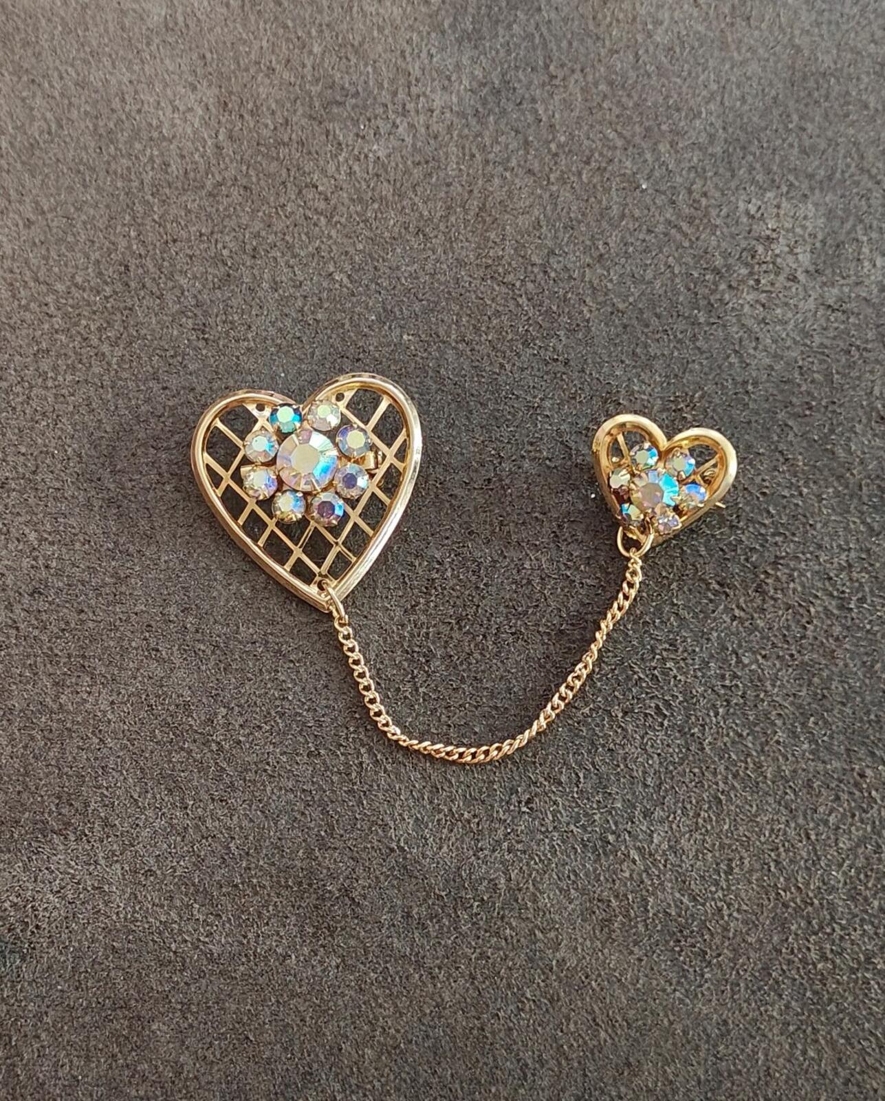 1950s Double Heart With Aurora Borealis Rhinestones Gold Tone Brooch
