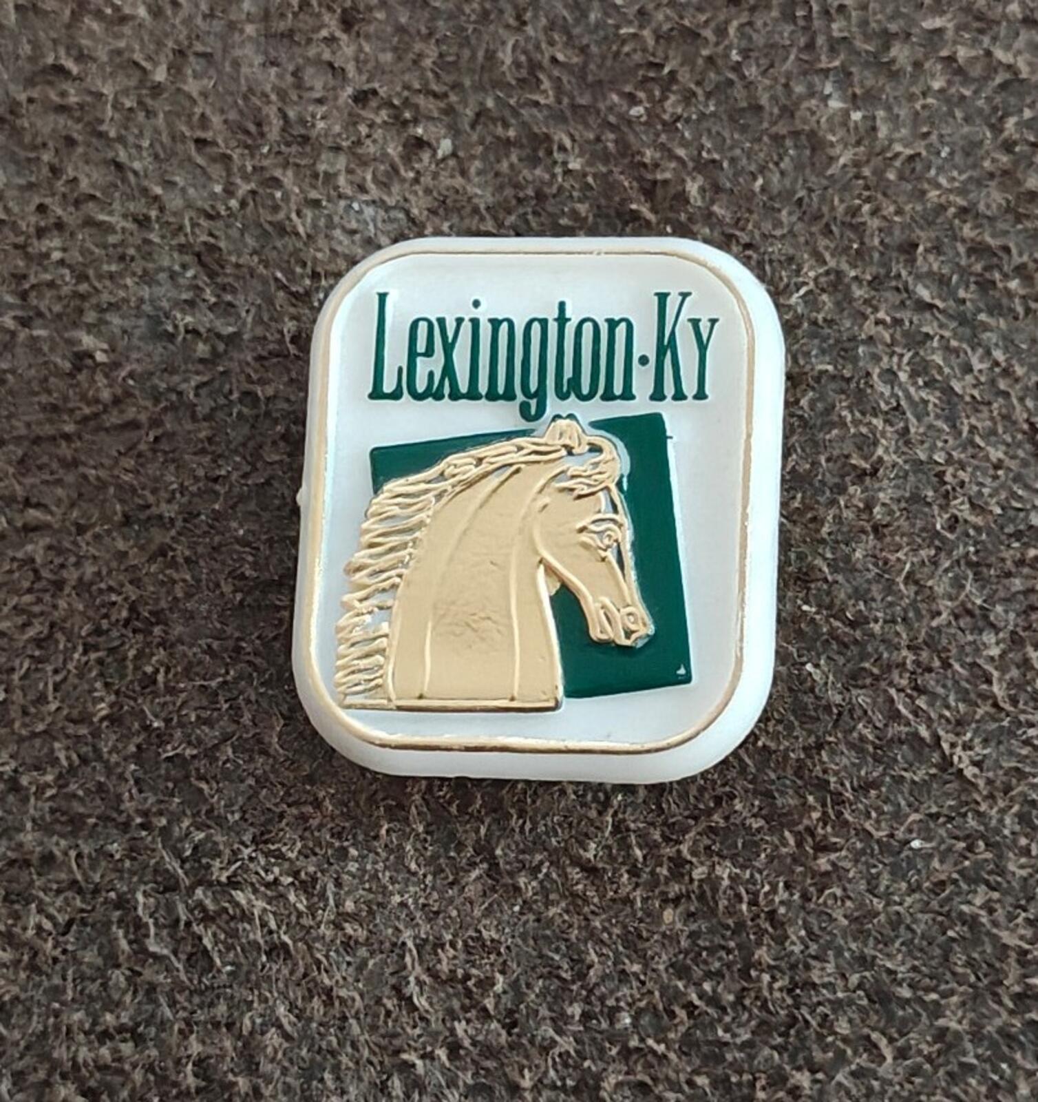 Lexington-KY horse travel souvenir pin, green field and beige horse emblem