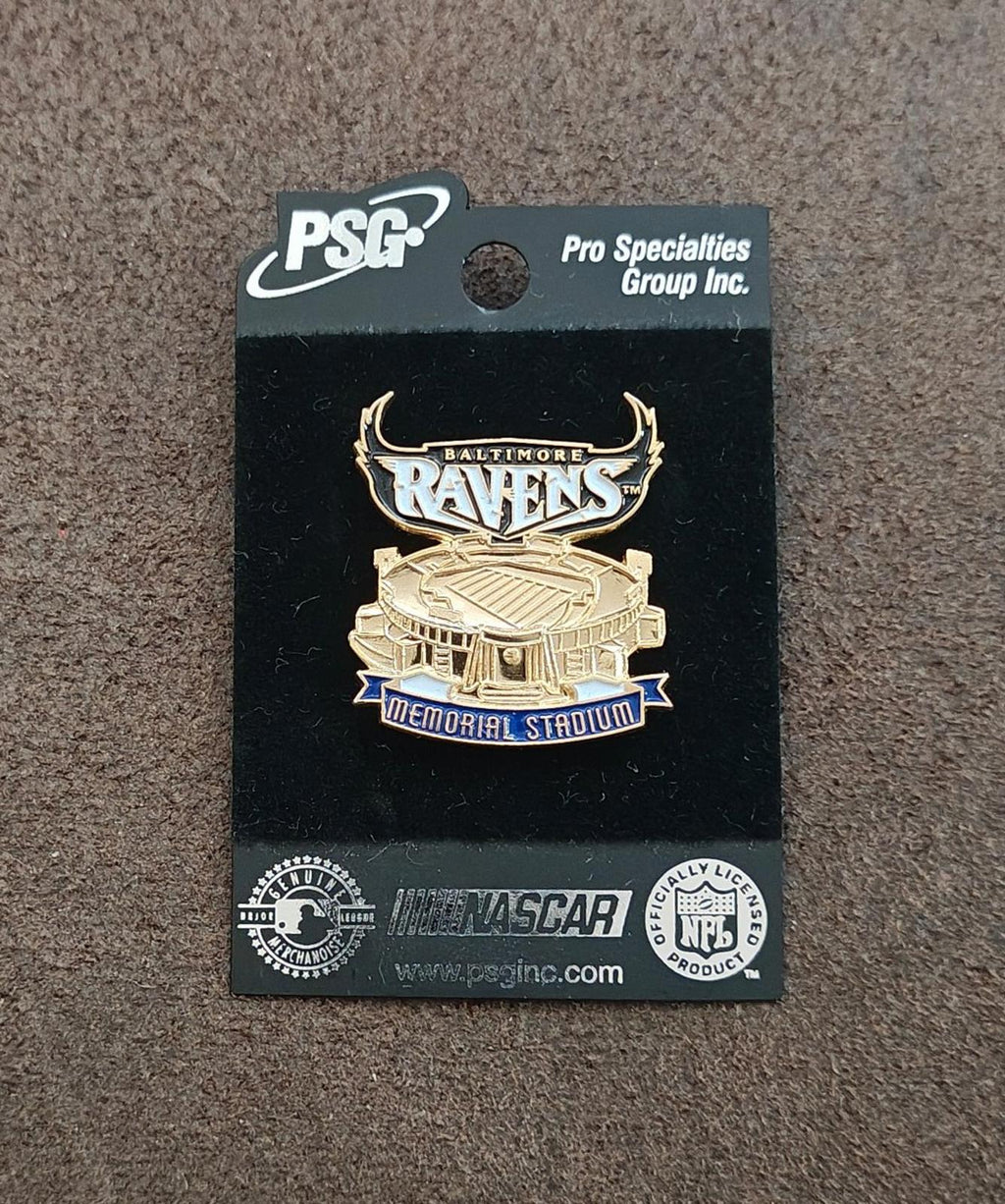 Gold-tone Baltimore Ravens Memorial Stadium enamel pin on PSG backing card