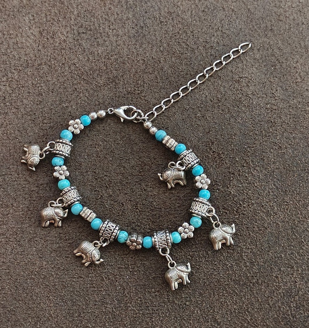 Bohemian Style Turquoise Beaded Elephant Charm Bracelet