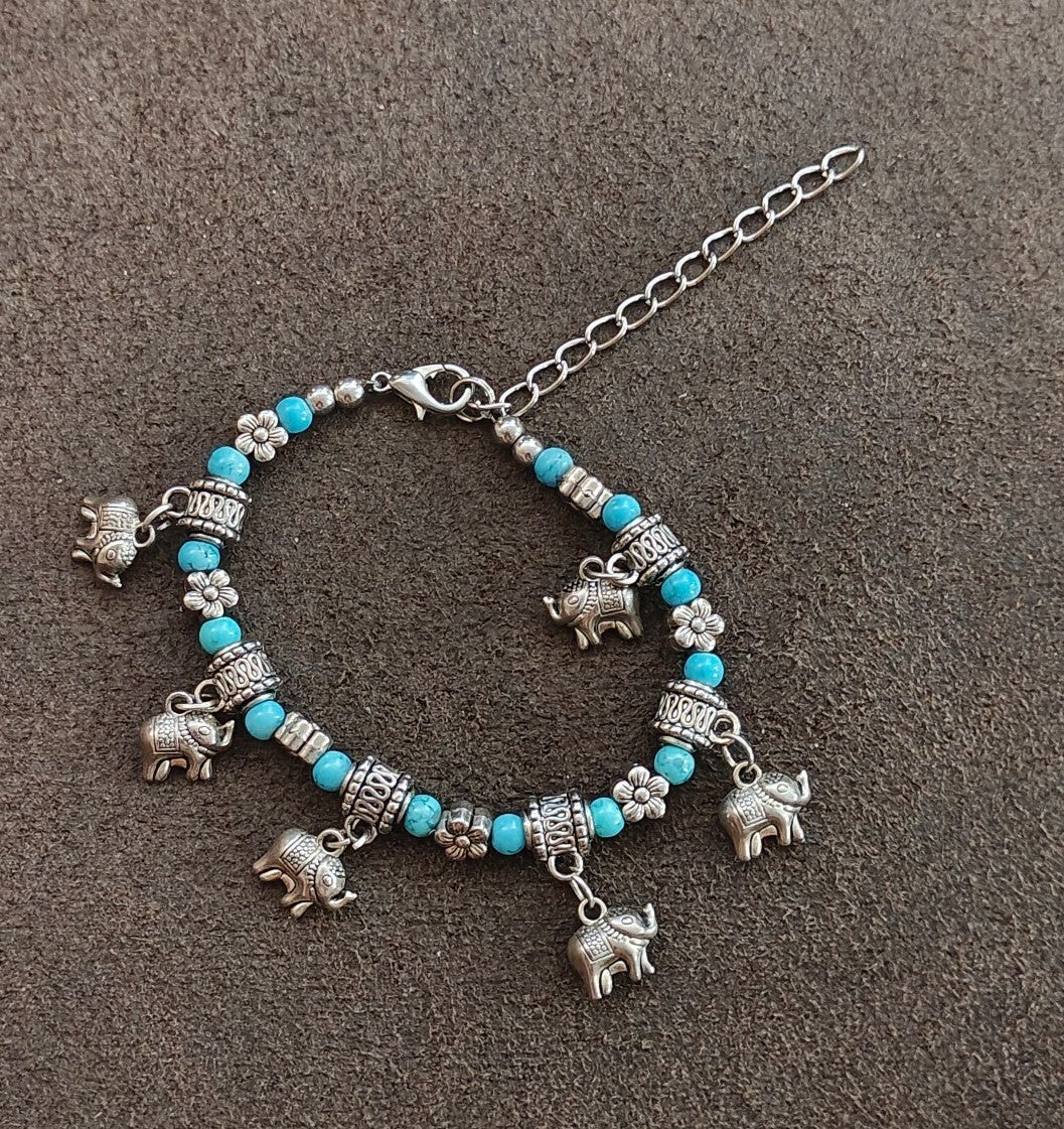 Bohemian Style Turquoise Beaded Elephant Charm Bracelet