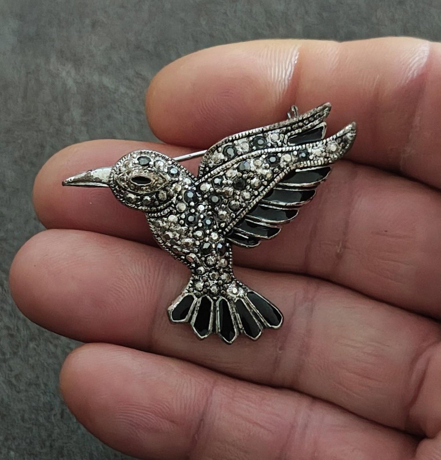 1990s Silver Tone Marcasite With Black Enamel Hummingbird Brooch Pin