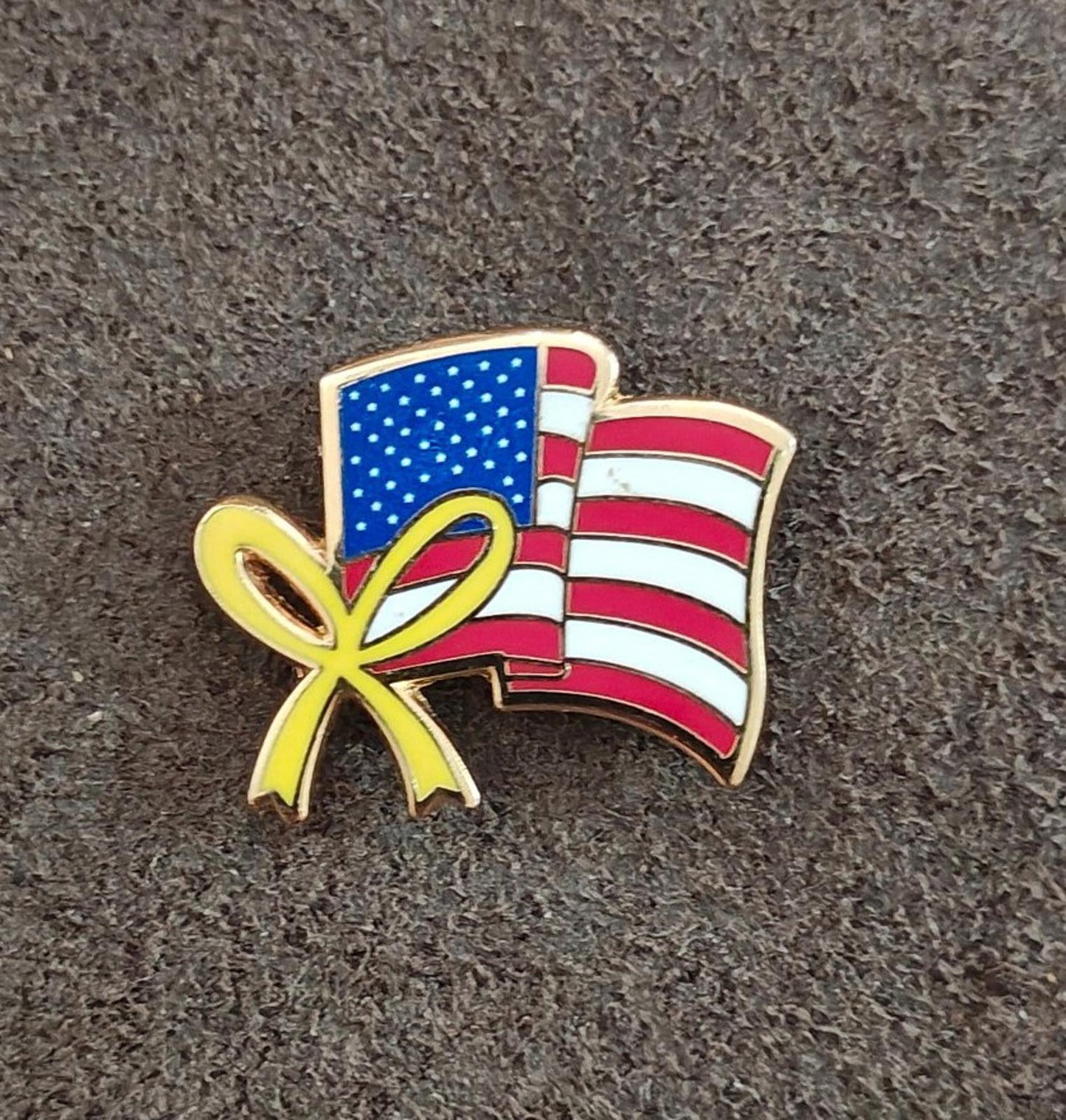 1980's Wavy American Flag With Yellow Ribbon Gold Tone Pin