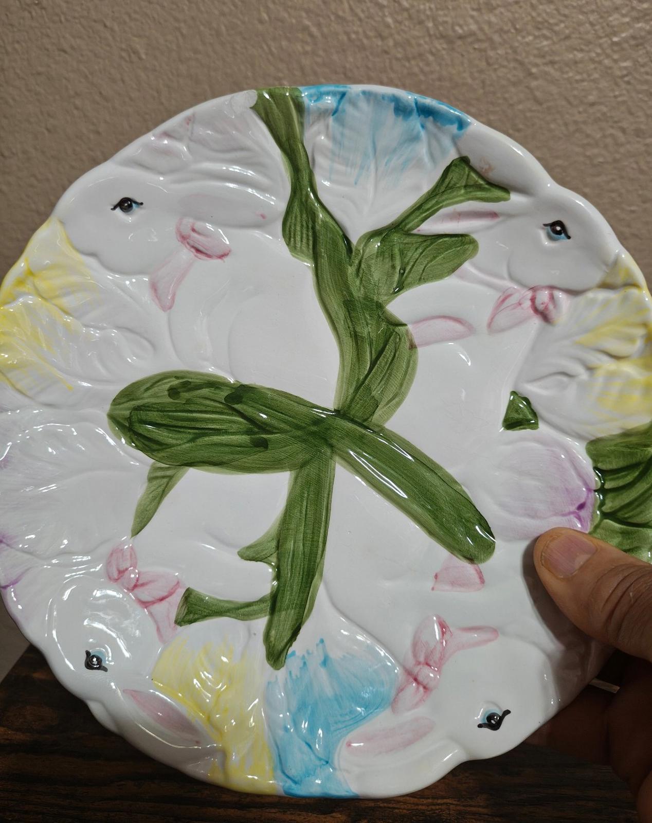 1970s S E Taiwan Ceramics 3D Embossed White Bunny Rabbit Plate