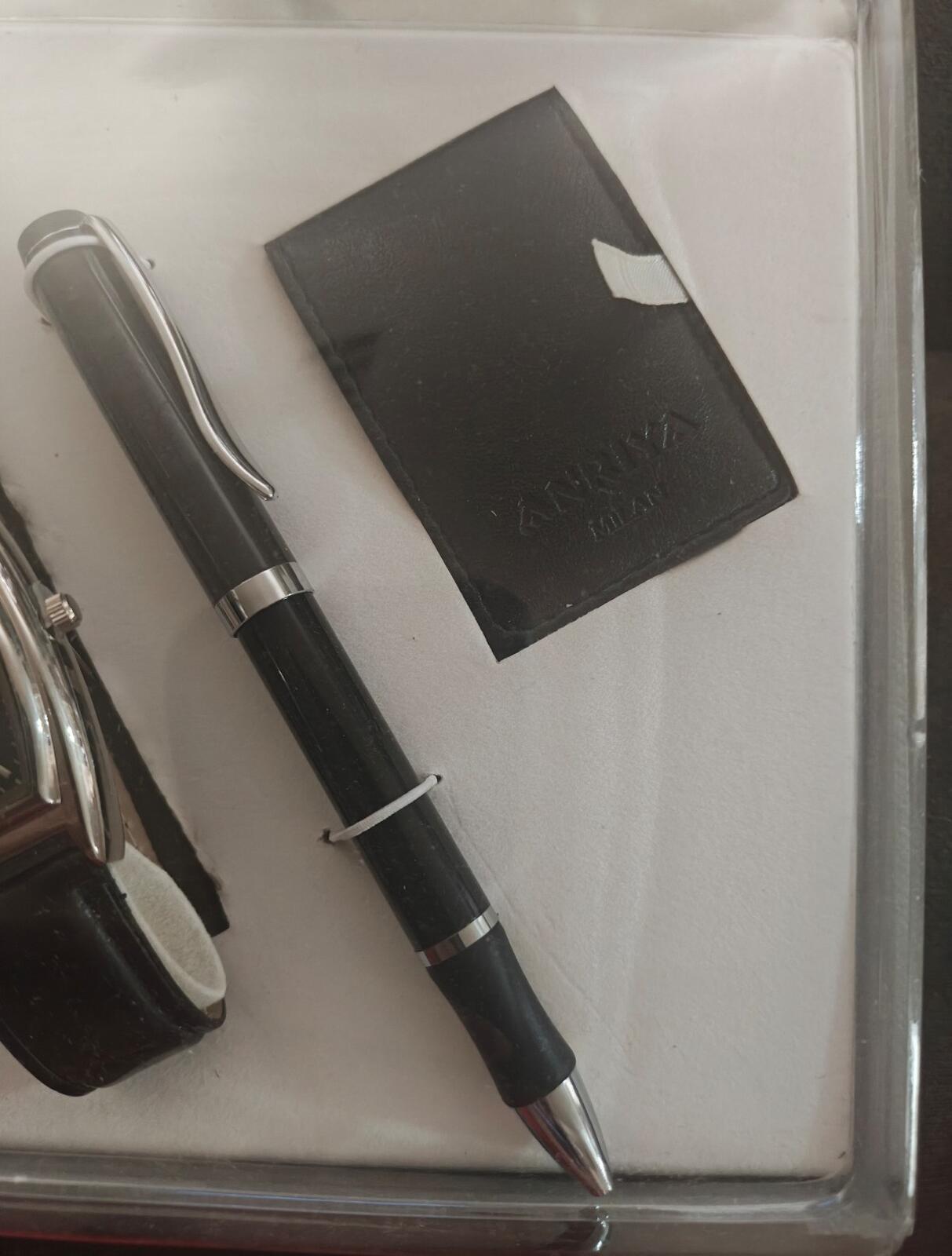 1990s Anriya Milan Men's Gift Set-Rectangular Watch, Pen, Cardholder NOS