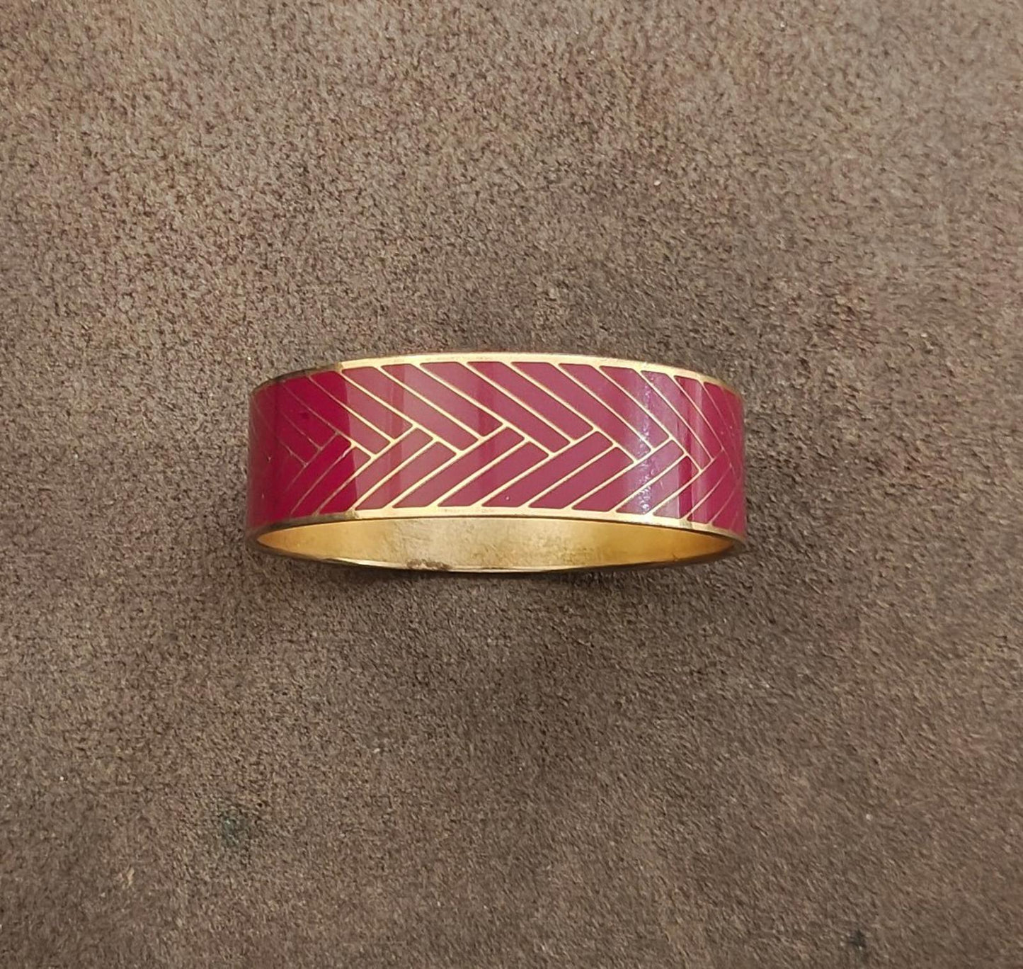 1990s J.Crew Gold Plated With Burgundy Enamel Herringbone Bangle Bracelet