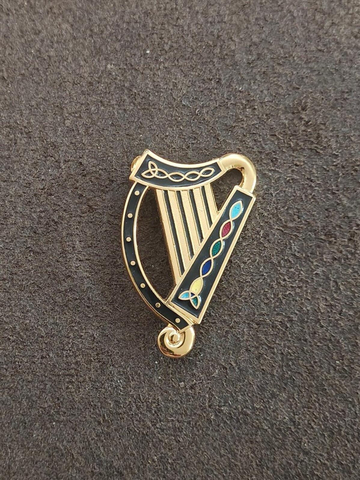 1980s Gold Tone With Black Enamel Irish Celtic Harp