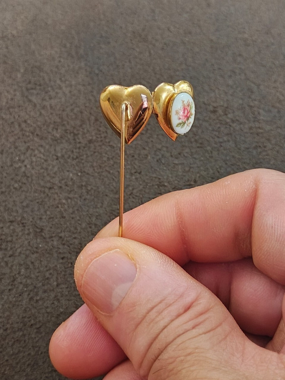 1970s/80s Gold Tone Victorian Revival Style Heart Shaped Floral Locket Stick Pin
