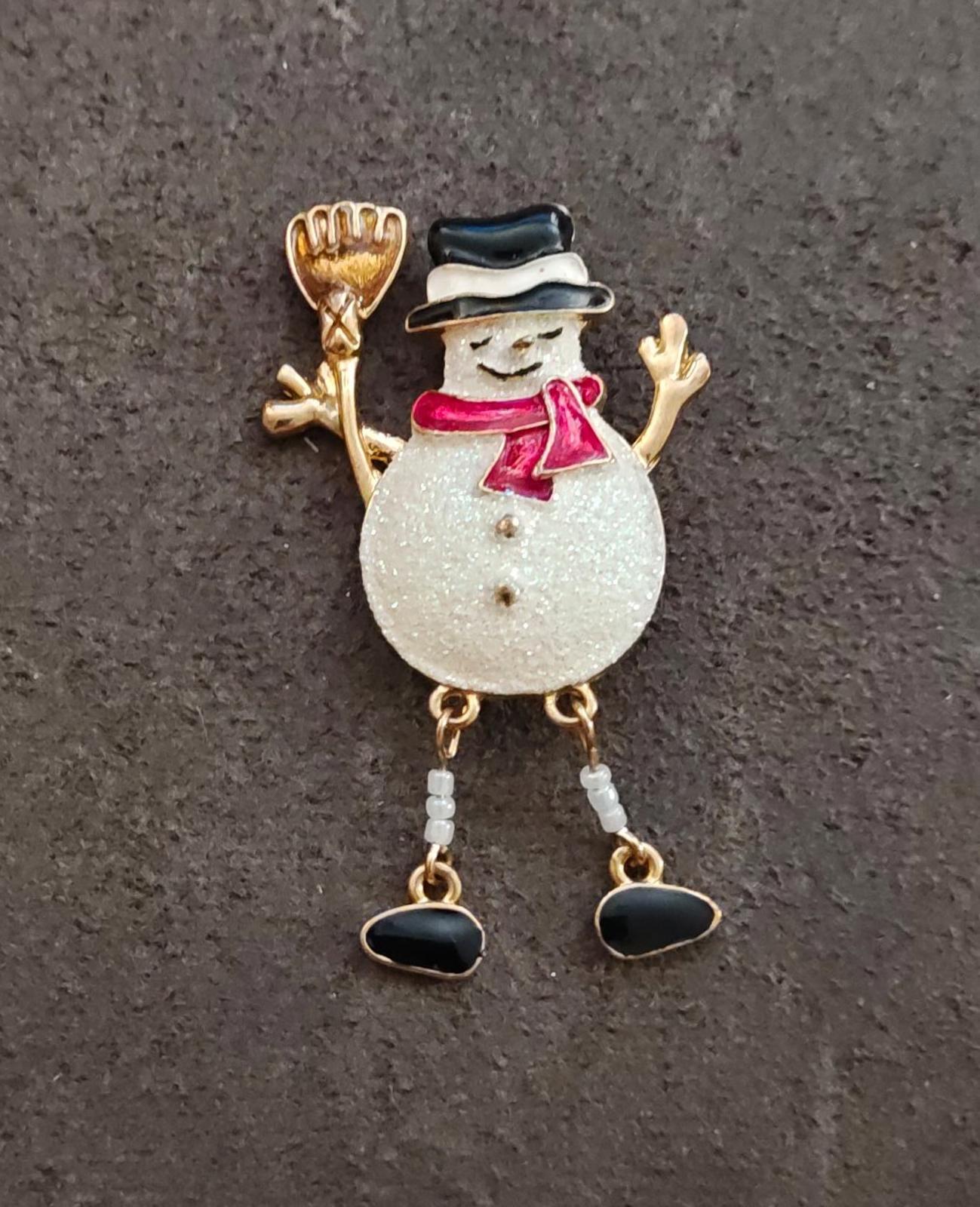 1990s Gold Tone Enamel Snowman Brooch
