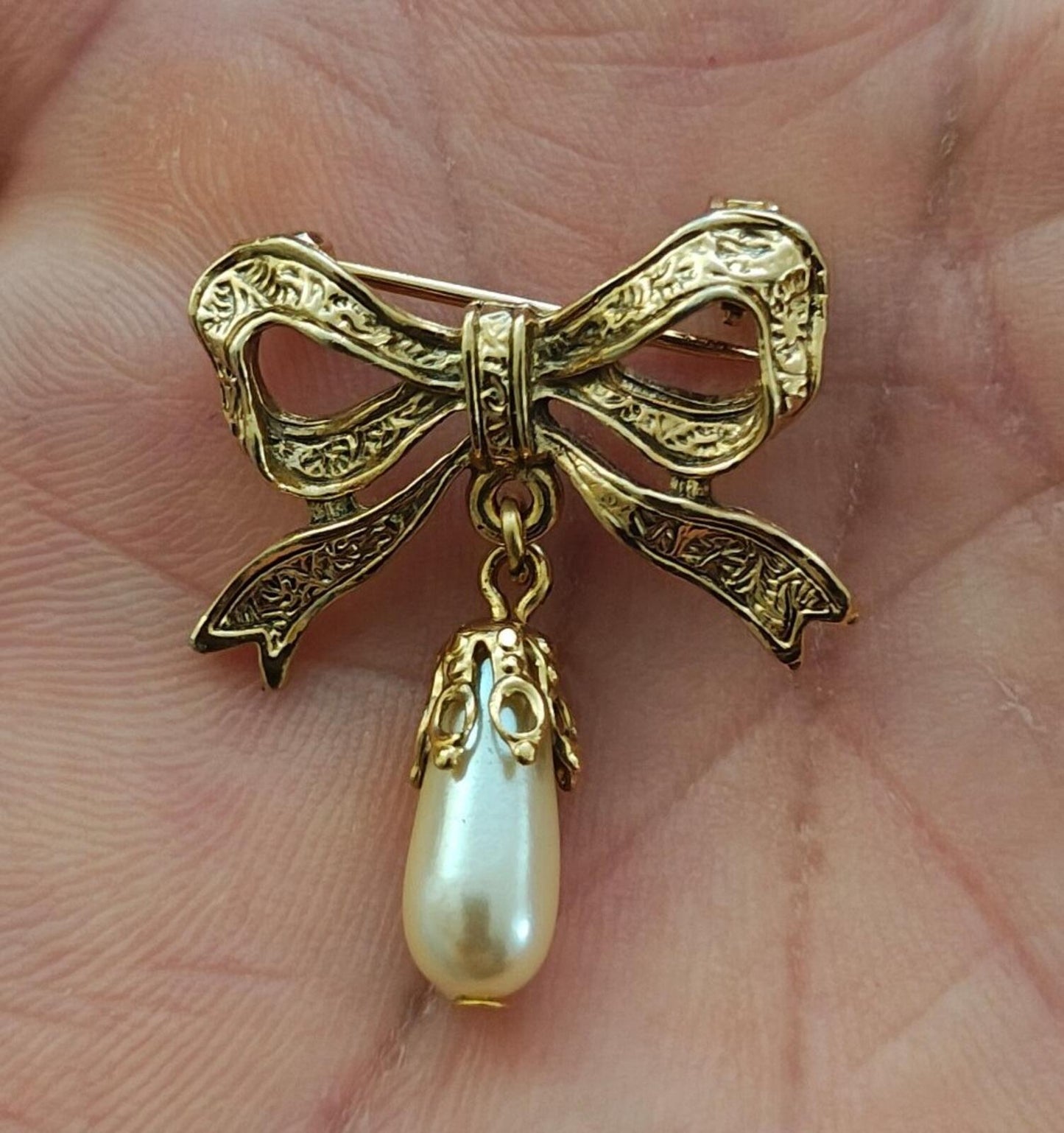 1980s Victorian Revival Embossed Gold Brooch With Dangling Faux Teardrop Pearl