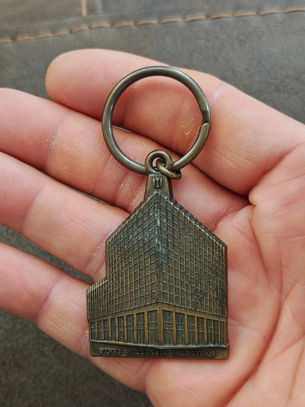 70s First Wisconsin National Bank building in Sheboygan Wisconsin Brass Keychain
