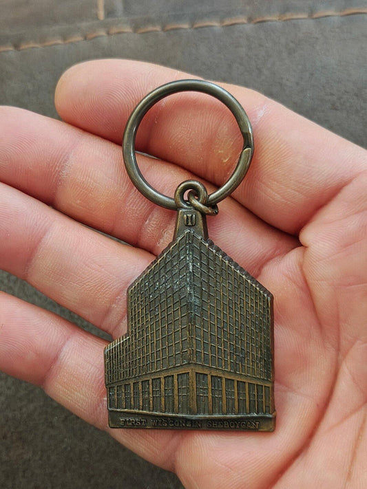 70s First Wisconsin National Bank building in Sheboygan Wisconsin Brass Keychain