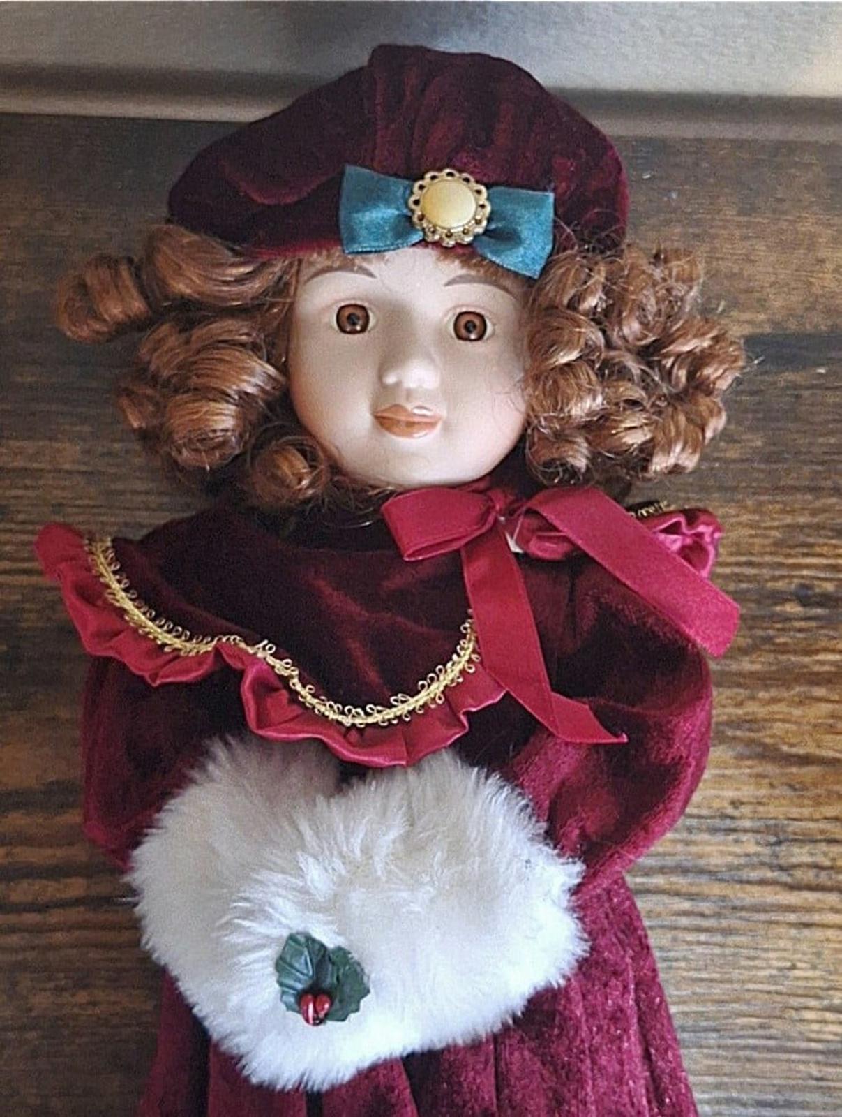 1983 Enesco Porcelain Christmas 17" Tall Doll With Cloth Body