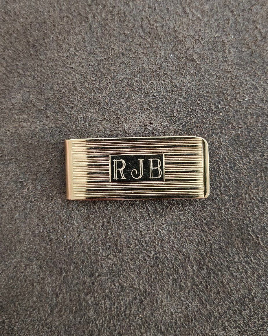 1960s Gold-Tone Engine-Turned Money Clip Monogrammed "RJB"