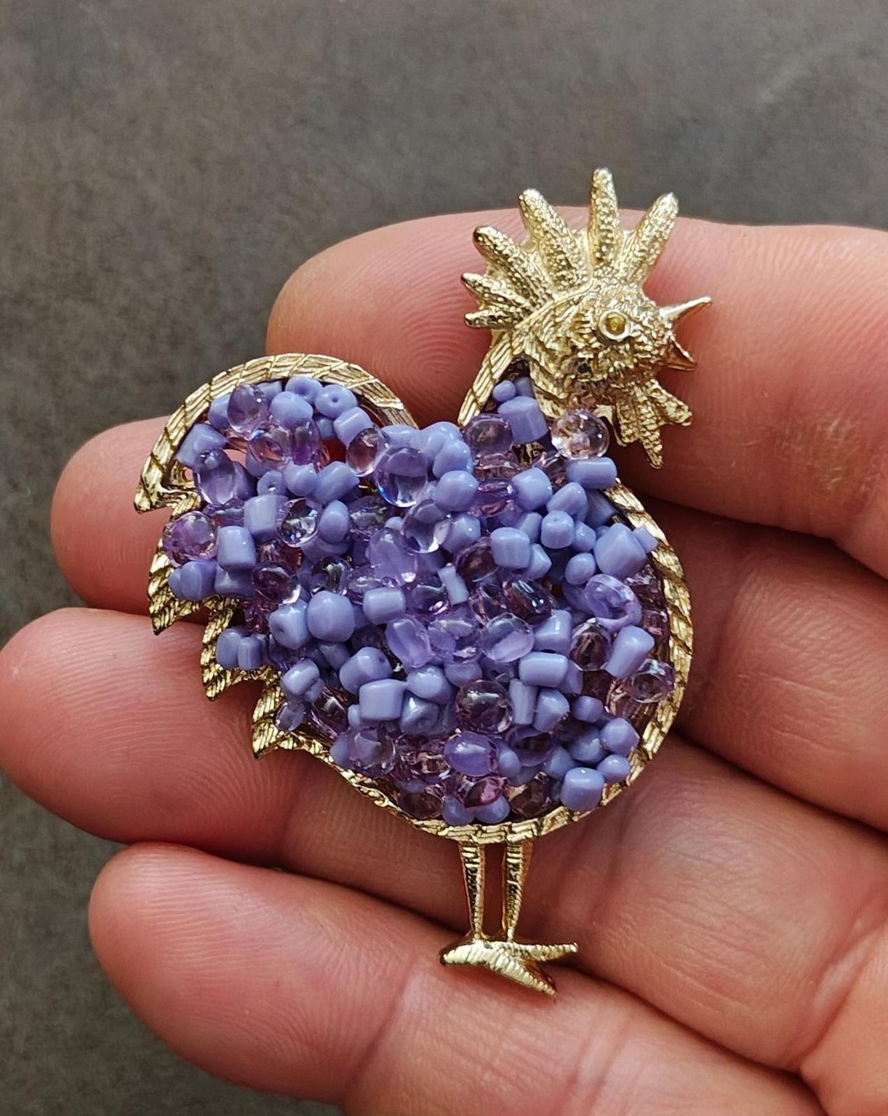 2000s Gold Tone With Purple Beads Rooster Brooch Pin