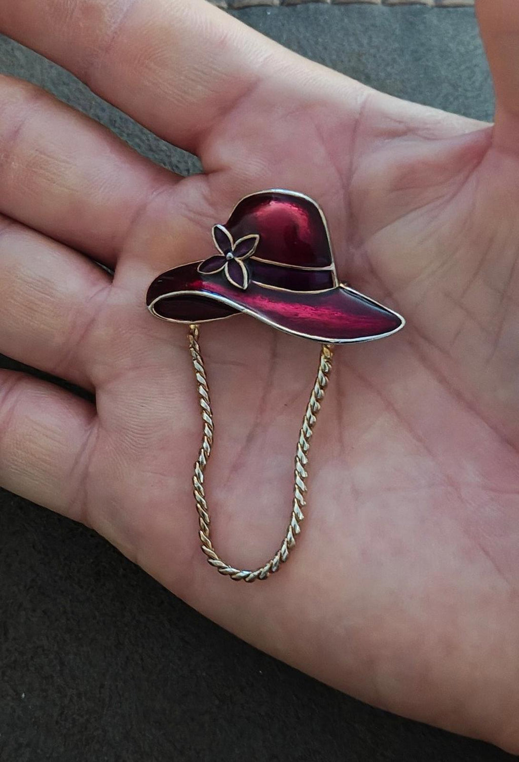 1990s Gold Tone Red Enamel Red Hat Society Hat Pin Brooch