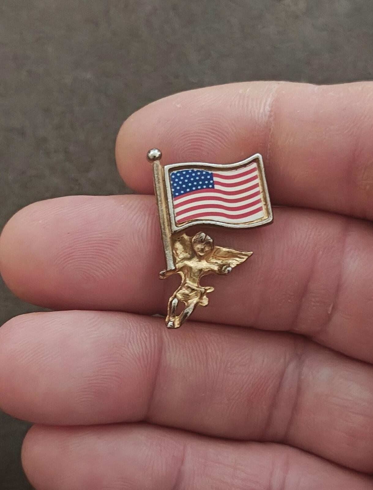 70s Signed FAF Inc. Gold Tone Patriotic American Flag Guardian Angel/Cherub Pin