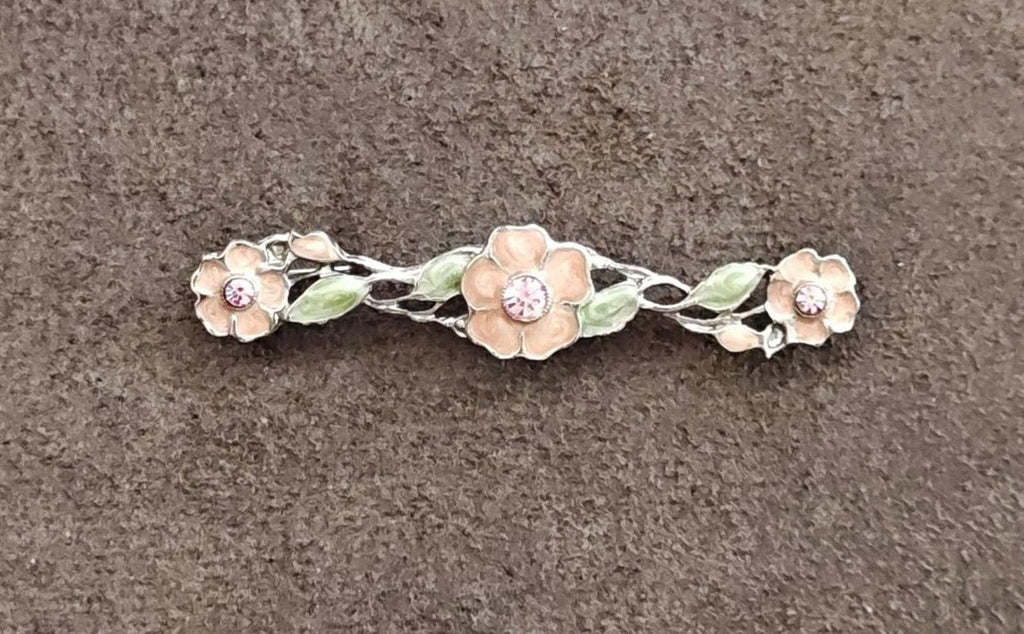 Floral bar brooch long profile, green enamel leaves and pink floral stones on silver-tone links
