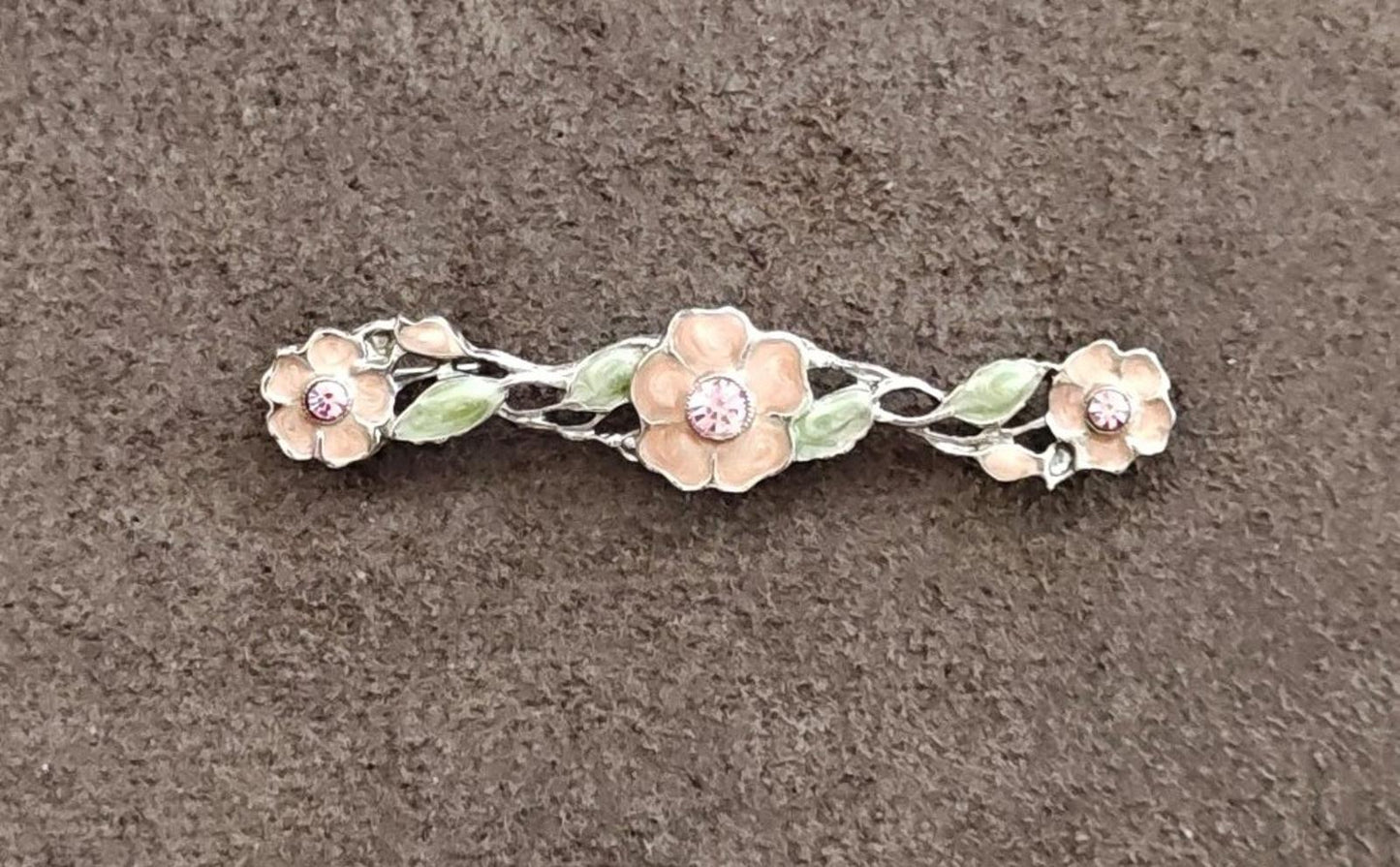 1960s Art Nouveau Floral Bar Silver Tone Enamel Brooch