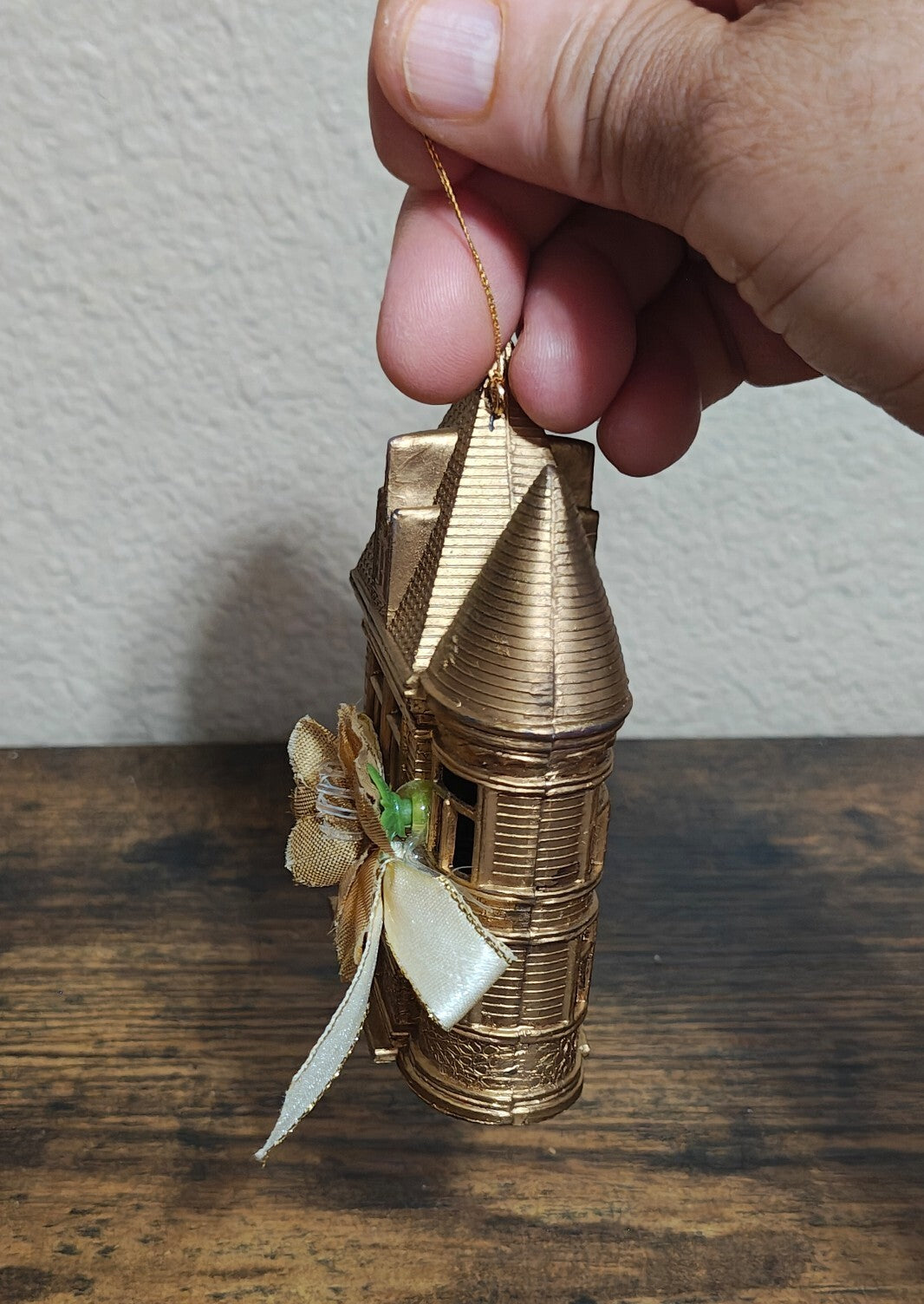 1980s Molded Gold Tone Plastic Victorian Style House Ornament