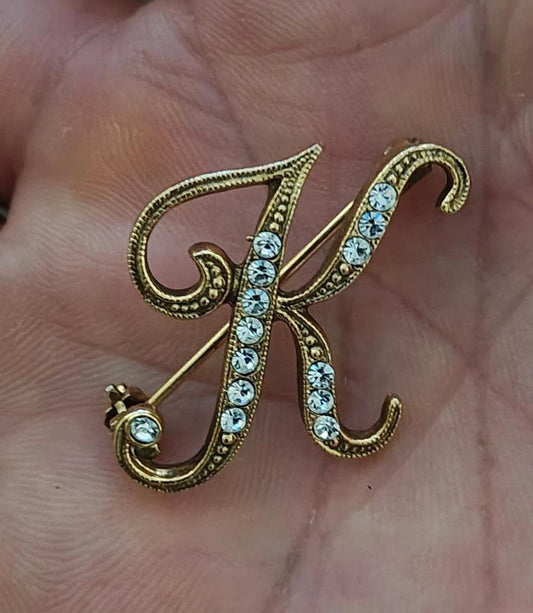 1980's Monogram Initial K with Rhinestones Gold Tone Brooch Pin