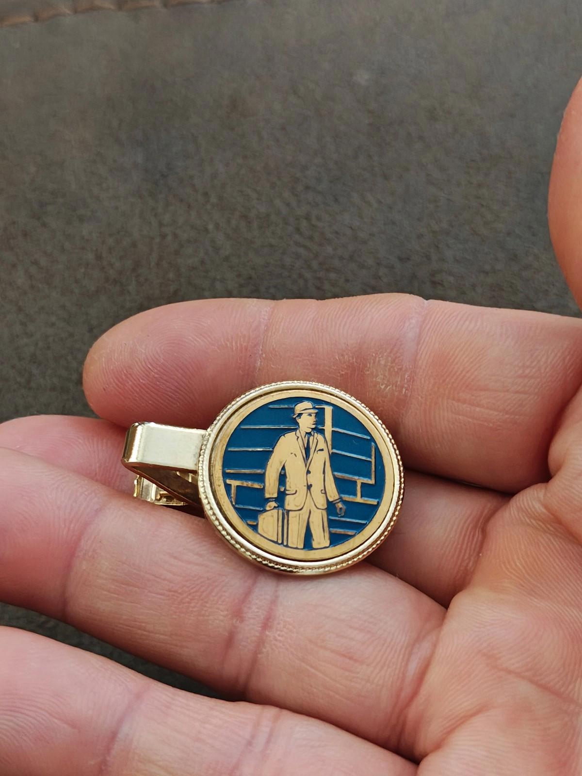 1950s/60s Rare Gold Tone Blue Enamel Man In a Suit Holding a Suitcase Tie Clip