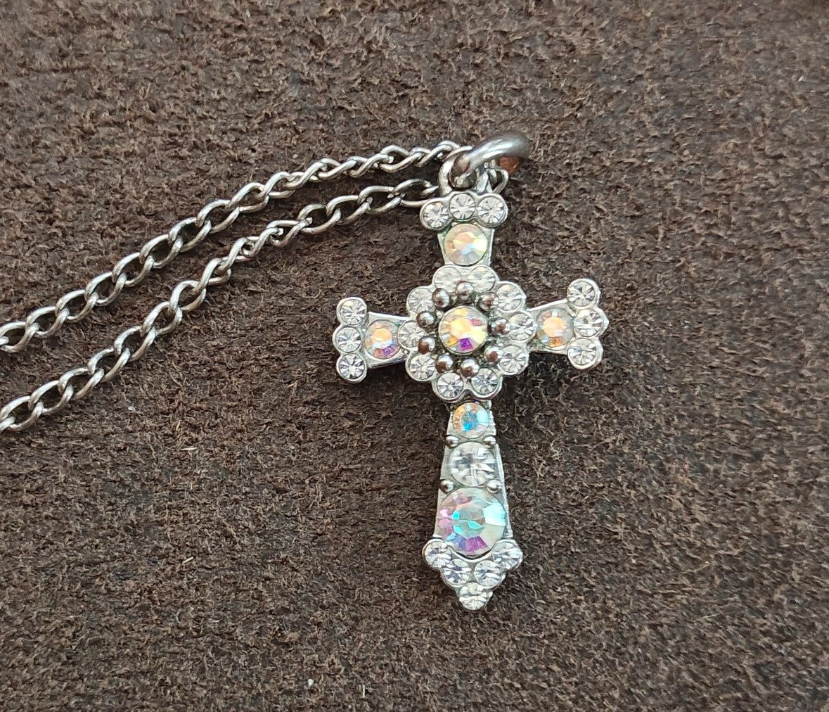 1990s Filigree With Aurora Borealis Rhinestones Silver Tone Cross Necklace