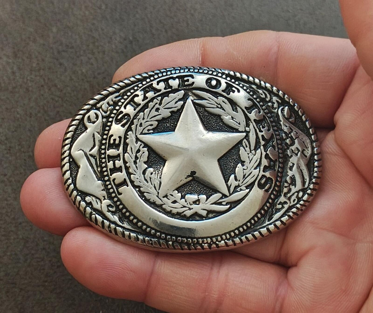 80s Silver Tone Western Style "The State of Texas" Lone Star Emblem Belt Buckle