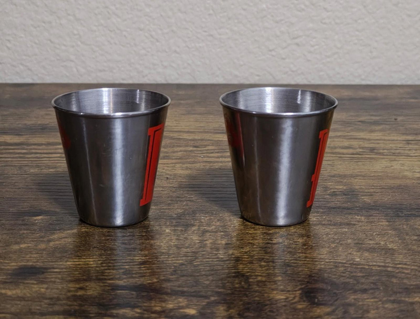 1980s Set Of 2 Fireball Cinnamon Whisky Stainless Steel Dragon Shot Glasses