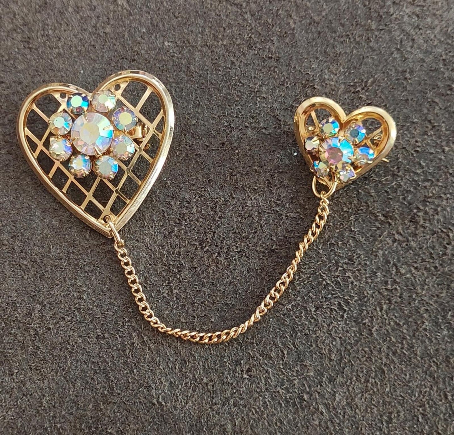 1950s Double Heart With Aurora Borealis Rhinestones Gold Tone Brooch