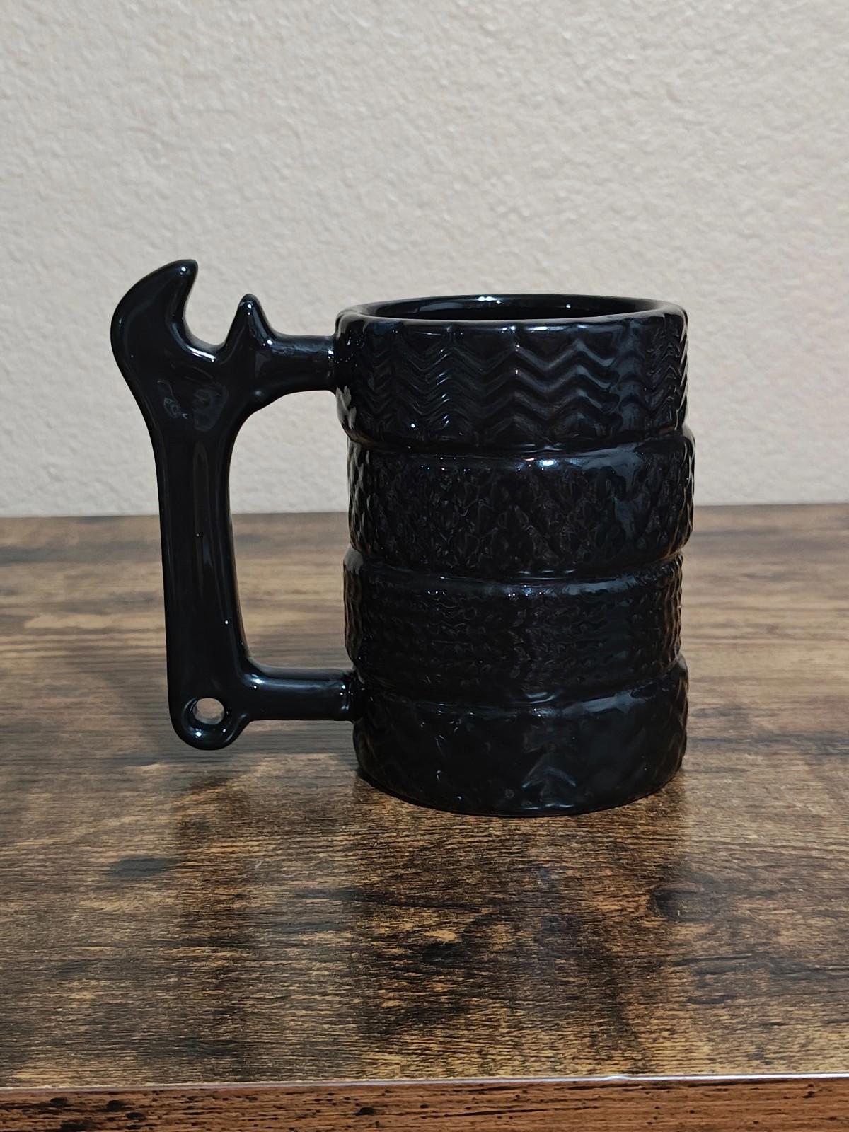 1990's Textured Black Ceramic Glaze Wrench Handle Mug