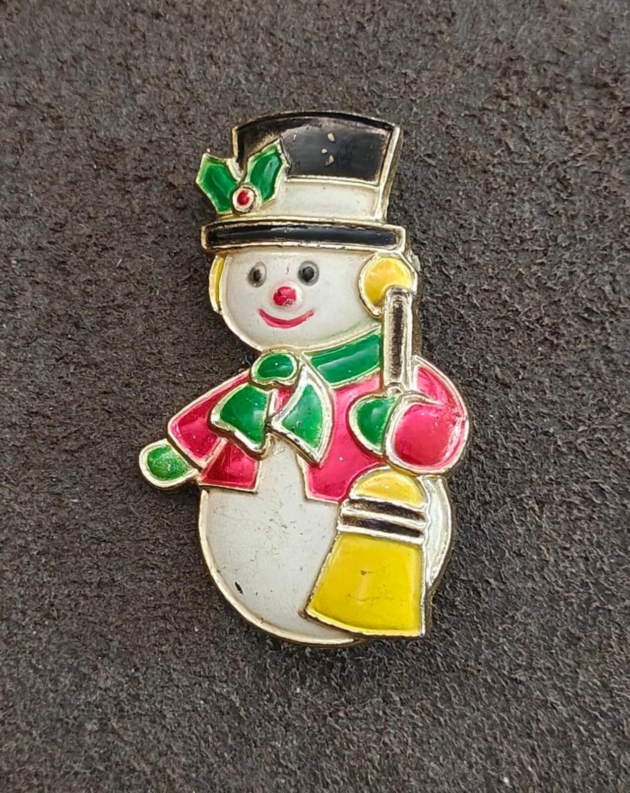 1970s Christmas Snowman Plastic & Painted Enamel Brooch