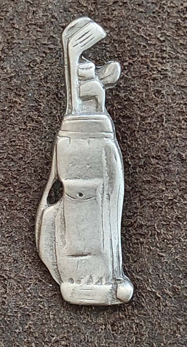 1970s Detailed Pewter Golf Clubs In Bag Brooch Pin