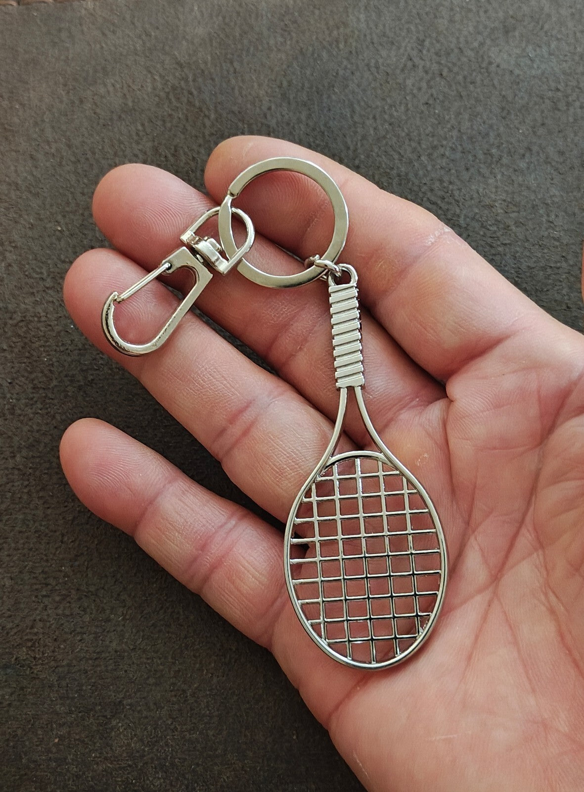 Silver Tone Novelty Tennis Racket Keychain Bag Charm