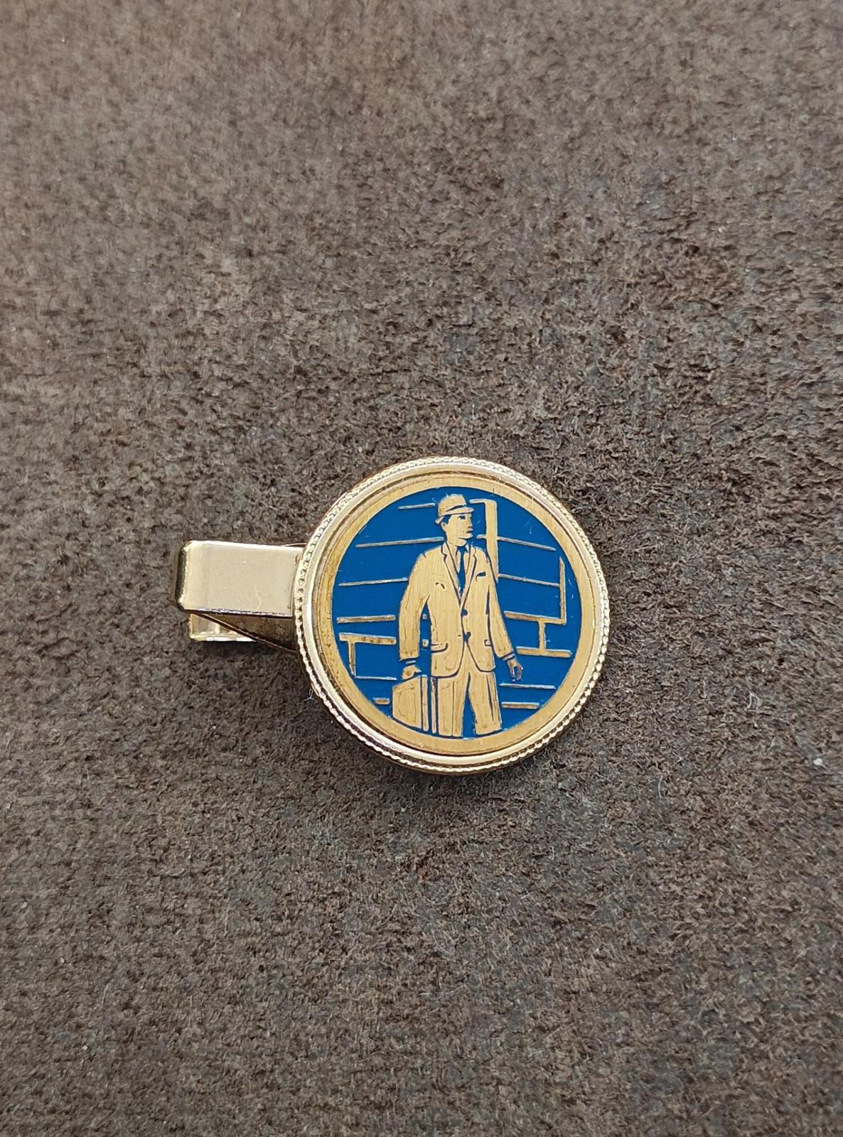 1950s/60s Rare Gold Tone Blue Enamel Man In a Suit Holding a Suitcase Tie Clip