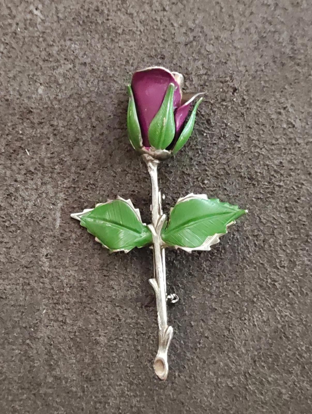 1970s Silver Tone Purple and Green Enamel Rose Brooch