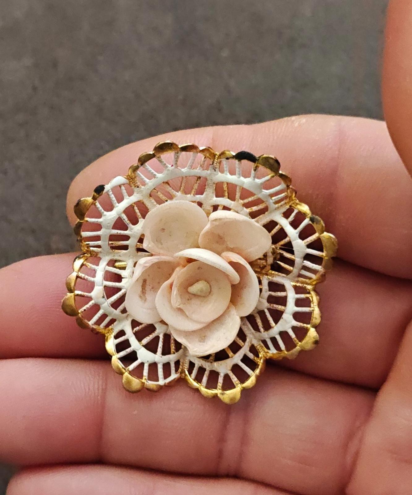 1960s Gold Tone Filigree Pink Rose Brooch